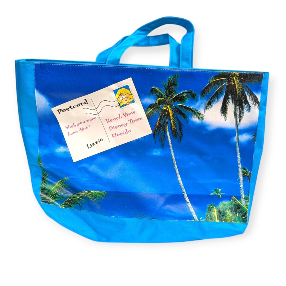 Lizzie McGuire Disney Y2K Postcard Beach Tote Bag Blue Tropical Palm Trees 15in - Picture 2 of 7